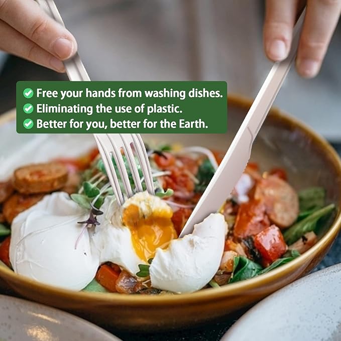 100pcs 100% Compostable Biodegradable Utensils Disposable Cutlery Set Cornstarch Spoon Fork Knife Alternative to Plastic (Spoon 50, Fork 50)