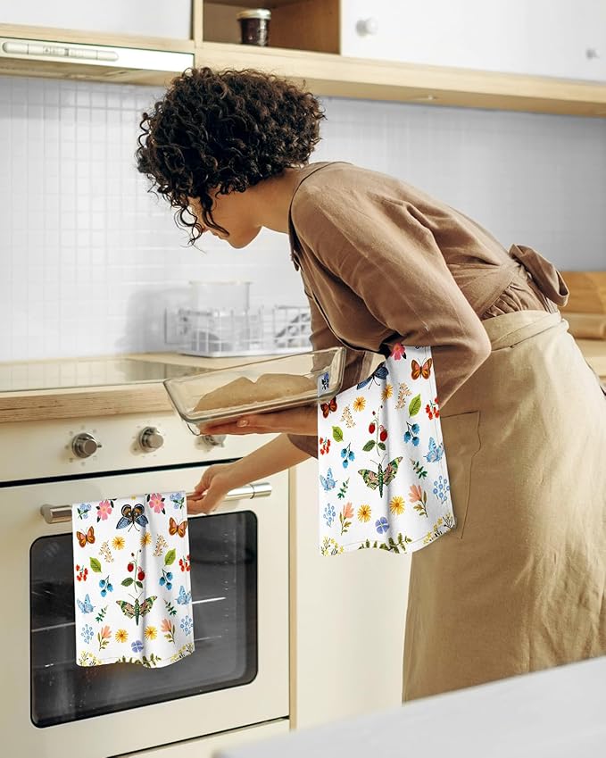Flour Sack Kitchen Towels Set of 2-18x26 Cotton Dish Towels with Hanging Loop Reusable Tea Towel for Cleaning Spring Absorbent Dishcloths Cute Home Decor Housewarming, Butterfly Garden