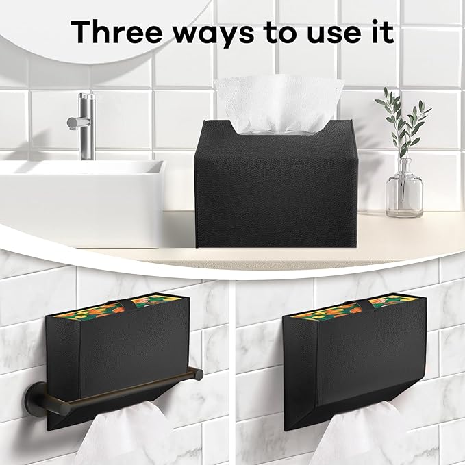 Tissue Box Cover Holder Compatible with Kleenex Disposable Paper Hand Towels, Leather Paper Towel Dispenser for Tabletop, Bathroom, Car, Office (Black-1 Pack)