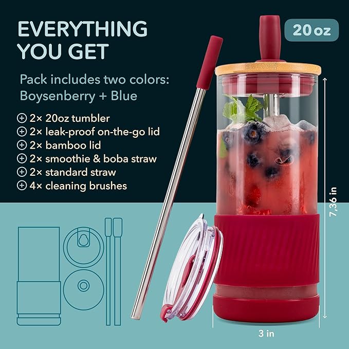 Pandaloo® Glass Cups With Lids and Straws -20 Fl Oz- Perfect Size Iced Coffee Cup - Smoothie Cup With Bamboo Lid and On the go Lid - Glass Tumbler (2 Count (Pack of 1), Boysenberry-Galactic Blue)