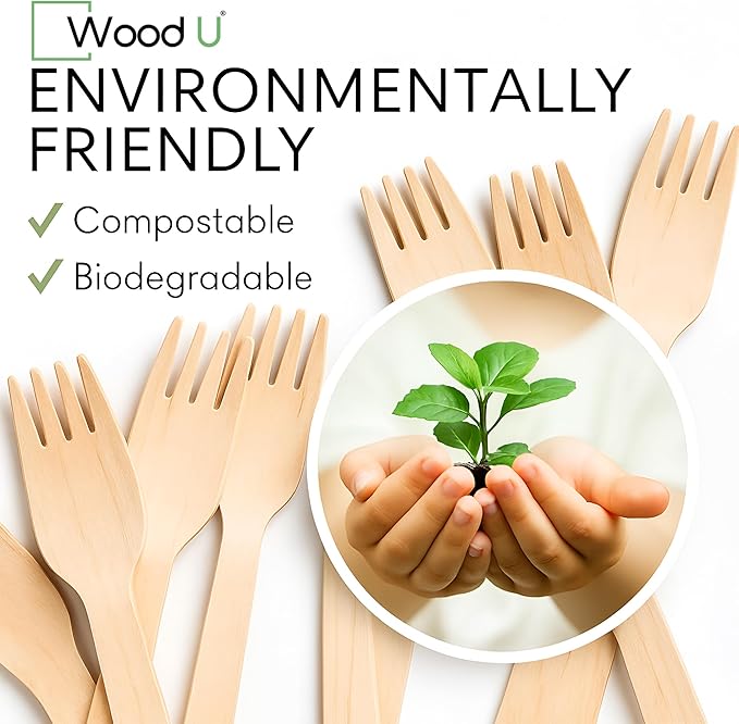 Disposable Wooden Forks by WoodU | 100% All-Natural, Eco-Friendly, Biodegradable, and Compostable - Pack of 100-6.5" forks cutlery utensils