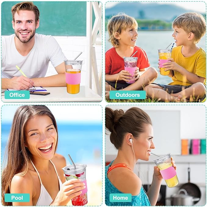 2 pcs Iced Coffee Cups with Lids, 16 oz Glass Cups with Lids and Straws, Reusable Tumbler with Silicone Sleeve, Wide Mouth Can Shaped Drinking Glasses for Coffee Juice Water Smoothie (Pink)