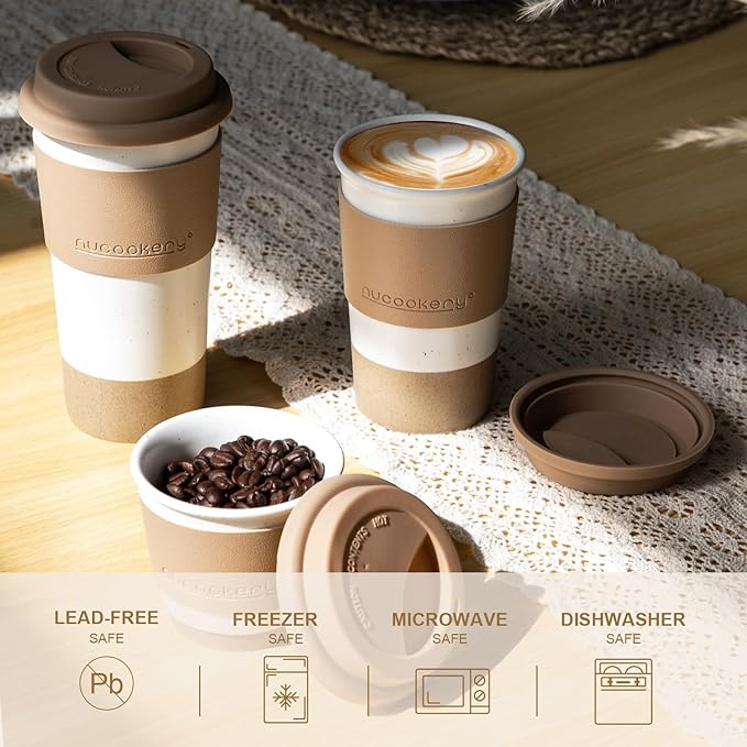 Nucookery Ceramic Travel Coffee Mug Set, Coffee Tumbler with Silicone Lid and Non-Slip Sleeve, Unique To Go Mug, Gifts for Women & Men, Microwave Safe Cappuccino, Tea, Latte, Iced-Coffee Cups, White