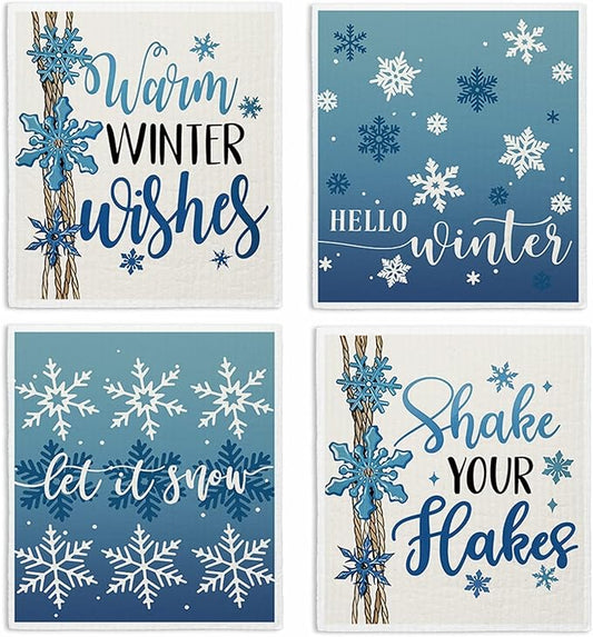 Christmas Swedish Dishcloths for Kitchen, Winter Xmas Snowflake Blue Kitchen Dish Towels for Washing Dishes, 4 Pack Reusable Paper Towels, Sponge Cloths for Home Party Housewarming Cleaning