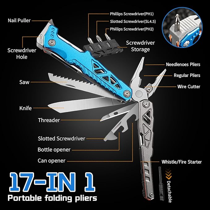 17-in-1 Multitool Pliers with Nail Puller, Saw Screwdrivers, Bottle Opener,Carrying Pouch,High-carbon Steel Multi Tool Ideal for Camping Survival and Gift Blue and Silver