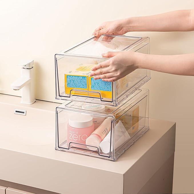 PeJeyiee 2 Pack Stackable Pull-Out Storage Drawers，Plastic Clear Organizer Bins with Handles，Easily Clean for Craft, and Toy Organization，Kitchen Undersink，Cabinet，Fridge，Closet，Pantry，Office，Bathroom