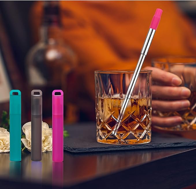 NAIVELY-Reusable Straws 6 Pack Collapsible Portable Stainless Steel Straws with Case,Silicone Tips and Cleaning Brush,Retractable Portable Travel Straw