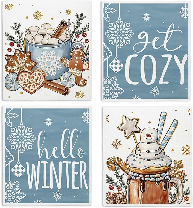 Christmas Swedish Dishcloths for Kitchen, Winter Xmas Snowman Blue Kitchen Dish Towels for Washing Dishes, 4 Pack Reusable Paper Towels, Sponge Cloths for Home Party Housewarming Cleaning