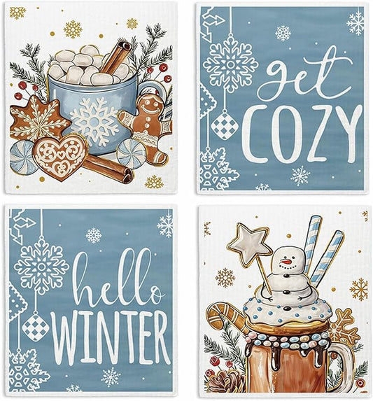 Christmas Swedish Dishcloths for Kitchen, Winter Xmas Snowman Blue Kitchen Dish Towels for Washing Dishes, 4 Pack Reusable Paper Towels, Sponge Cloths for Home Party Housewarming Cleaning