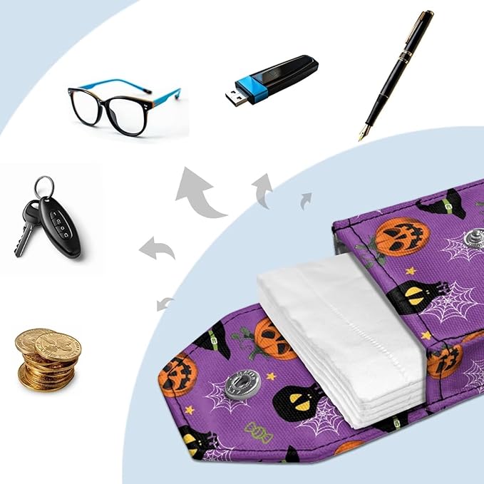 Pumpkin Head Skull Print Purse Tissue Holder Portable Pocket Tissue Holder for Coin Keys Tissues with Hanging Rope for Halloween Snap Button Enclosed