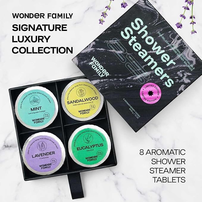 Aromatherapy Shower Steamers Gift Set – Mint, Eucalyptus, Sandalwood, Lavender – Essential Oil Vapor Shower Tablets, Individually Wrapped Melts, Spa Presents for Women & Men - New Year Gifts
