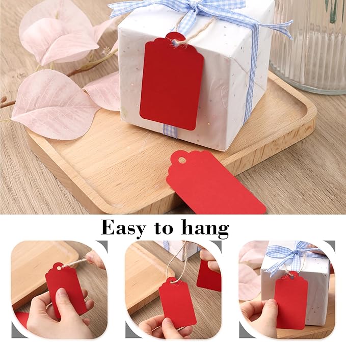 SallyFashion 120PCS Gift Tags with String - Red Paper Tags for Gifts, DIY Wedding, Birthday
