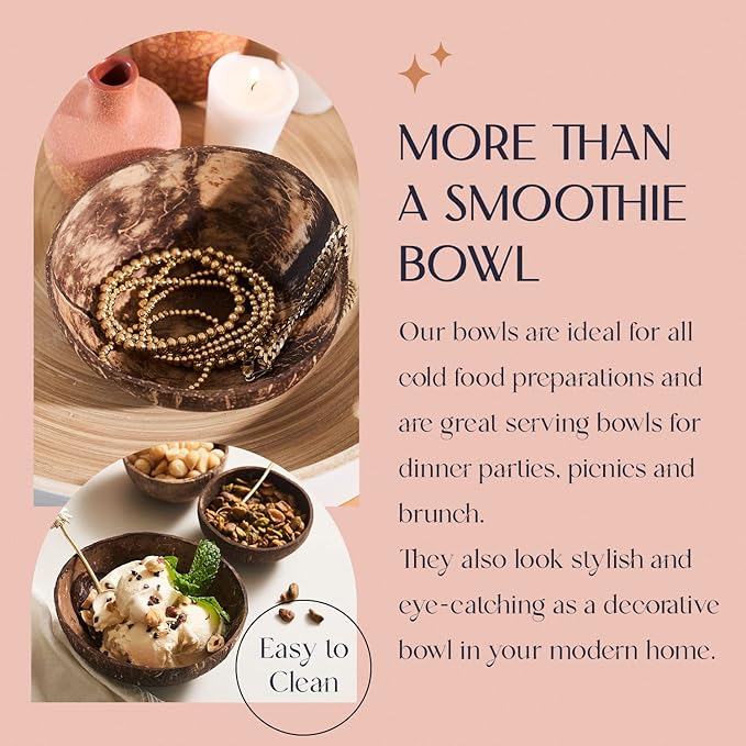 Coconut Bowl Set with Wooden Spoons –White Elephant Gifts For Adults, Christmas Gifts. Eco-Friendly Acai Bowls, Yogurt Bowls & Smoothie Bowl – Ideal for Ninja Creami (4, Natural)