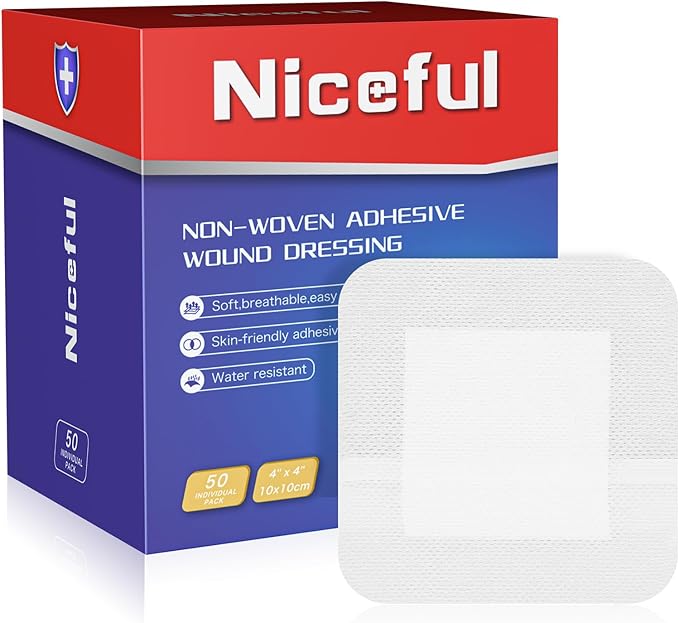50 Count Adhesive Gauze Island Dressing 4" x 4", Water-Resistant Wound Dressing, Sterile & Absorbent Medical Grade Dressing Pad First Aid Dressing Pads