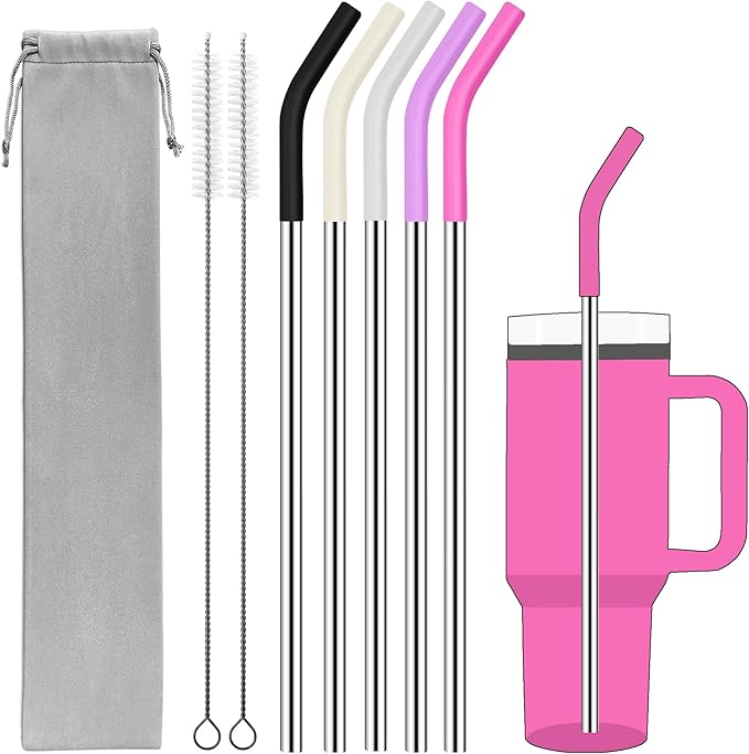 Set of 5 Stainless Steel Straws for 40 Oz Tumbler,For Stanley 40 Oz Tumbler, Reusable Metal Straw with 10 Silicone Tips and 2 Straw Cleaning Brush（5 colours 4, 40oz）