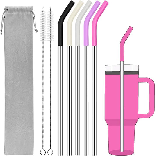 Set of 5 Stainless Steel Straws for 40 Oz Tumbler,For Stanley 40 Oz Tumbler, Reusable Metal Straw with 10 Silicone Tips and 2 Straw Cleaning Brush（5 colours 4, 40oz）