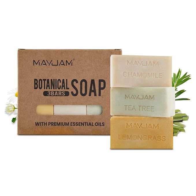 MAYJAM Natural Botanical Bar Soap With Essential Oil, Vitamin E, Pure Plant Oil Bath Body Soap- Lemongrass,Tea Tree, Roman Chamomile Rich Creamy for Men, Women All Skin Type