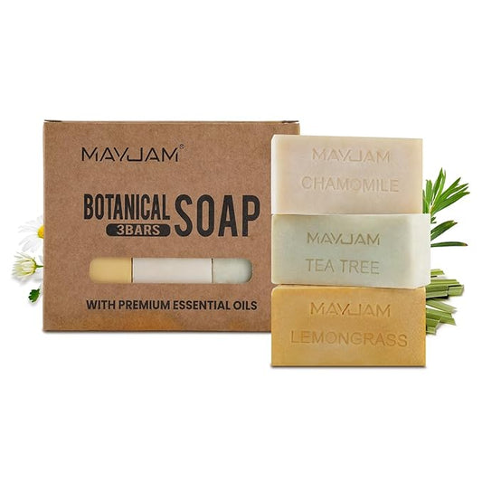 MAYJAM Natural Botanical Bar Soap With Essential Oil, Vitamin E, Pure Plant Oil Bath Body Soap- Lemongrass,Tea Tree, Roman Chamomile Rich Creamy for Men, Women All Skin Type