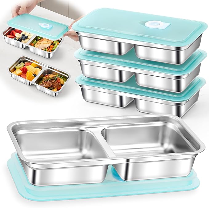Reusable Stainless Steel Snack Containers with Lids,Double Compartment 2 Condiment Containers,Grab and Go Divided Snack Food Storage for Kids Adults, Sauce Cups for School, Trave (4)