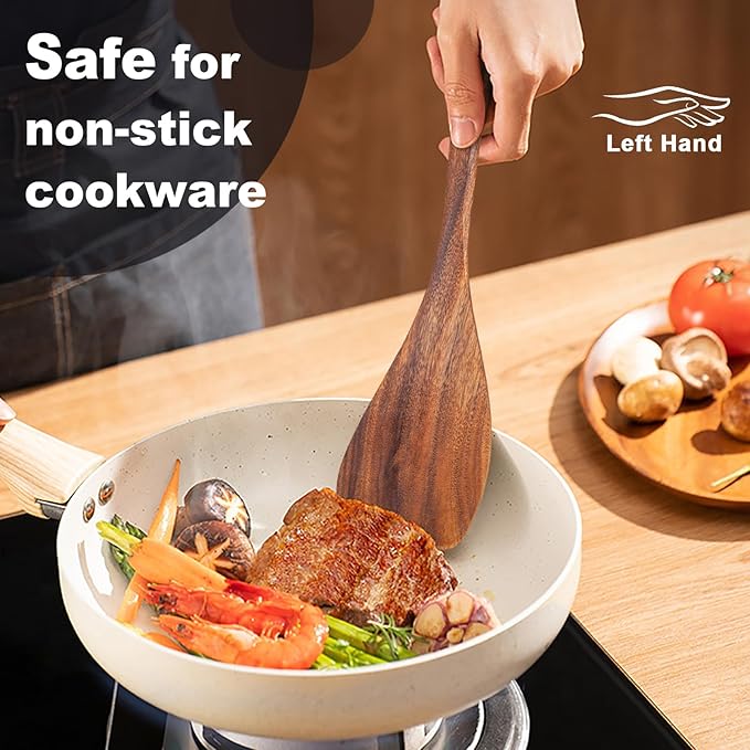 Wooden Spatula Nonstick Turner Acacia Wood, Left Long Handle Flat Frying Spatulas Handmade for Kitchen Gifts, Ideal Cookware Utensils for Cooking Eggs, Fish, Pancakes