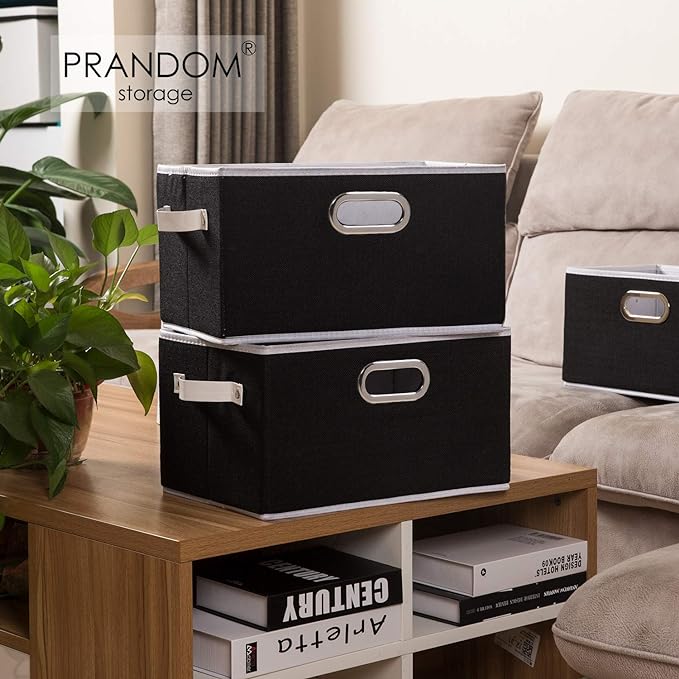 PRANDOM Fodable Storage Bins for Closet [3-pack] Decorative Fabric Storage Baskets Cubes with Leather/Metal Handles for Shelves Bedroom Living Room Black (11.5x8.5x6.7 Inch)