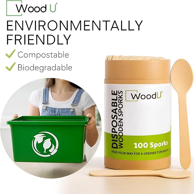 Disposable Wooden spoon by WoodU | 100% All-Natural, Eco-Friendly, Biodegradable, and Compostable - Pack of 100-6.5" best wooden spoons for eating