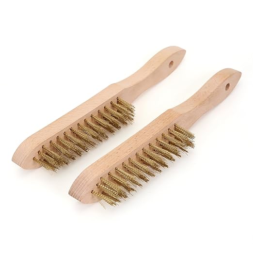 MAXMAN Brass Brush Set 2 Pcs, Wire Brushes for Cleaning, 11 Inch Wire Scratch Brush with Beechwood Handle, Metal Brush, Heavy Duty Brass Wire Brush for Rust Remover, Automotive, Paint, Welding Slag