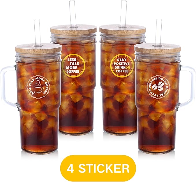 2 Pcs Glass Cups with Lids and Straws, 20oz/600ml Ice Glass Coffee Cups with Lids, Reusable Wide Mouth Tumbler with Handle & Leakproof Metal Lid & Eco Bamboo Lid & Cleaning Kit