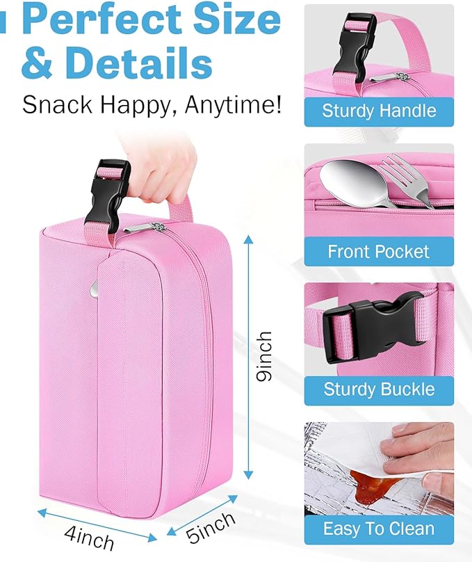 Small Insulated Snack Bag Lunch Box,Collapsible Reusable Small Lunch Bag with Snap Buckle Handle for Beach Travel Picnic,Pink 5-Can(3L)
