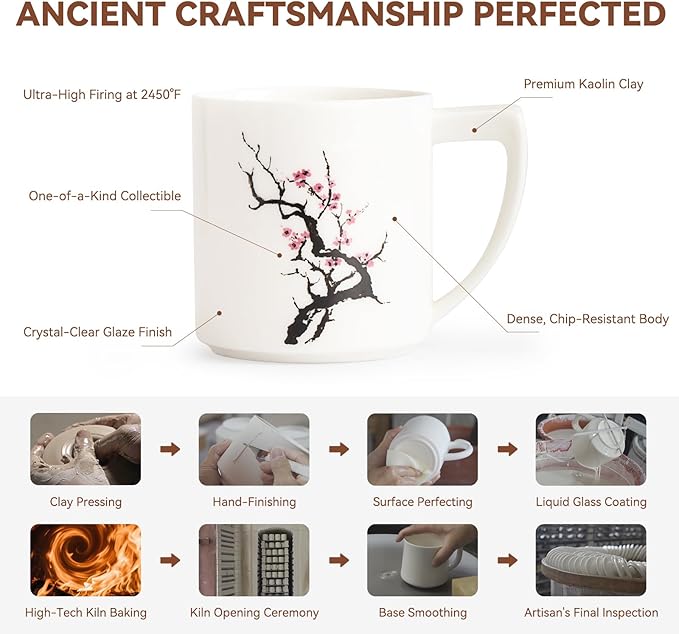 15oz Jadeite Ceramic Coffee Mug with Plum Blossom Design, 1340℃ High-Fire Teacup - Lead-Free, Microwave Safe, Unique Gift for Tea/Coffee Lovers & Friends