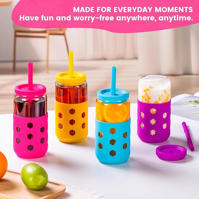 Glass Cups with Lids and Straws (4 Pcs), 16oz Drinking Glasses Set with Silicone Sleeves for Coffee Bar Accessories Iced Coffee Cups with Lids, Glass Tumbler Reusable for Gifts
