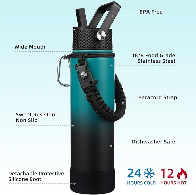 BJPKPK 27oz Insulated Water Bottles with 3 Lids, Paracord Handle & Non-slip Boot, Stainless Steel Water Bottle with Straw, BPA Free Thermal Flasks, Tumblers, Army Green & Black