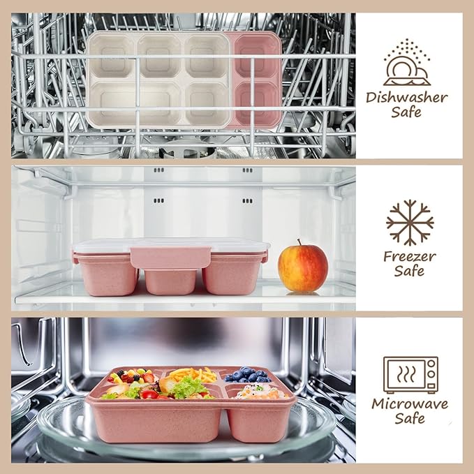 greenandlife 4 Pack Bento Lunch Box Set for Kids Adults, 5 Compartment Reusable Wheat Straw Meal Prep Food Storage Snack Containers, Microwave and Dishwasher Safe, INS