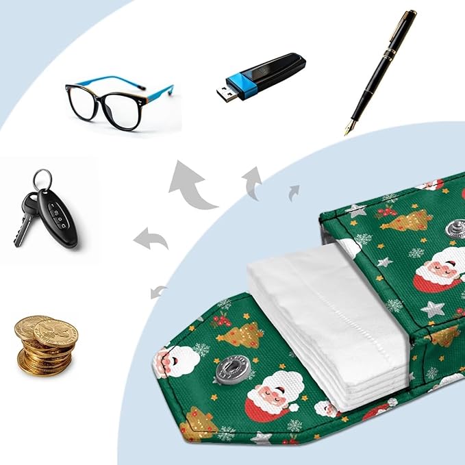 Santa Claus Snowflake Purse Tissue Holder Portable Pocket Tissue Holder for Coin Keys Tissues with Hanging Rope for Christmas Snap Button Enclosed