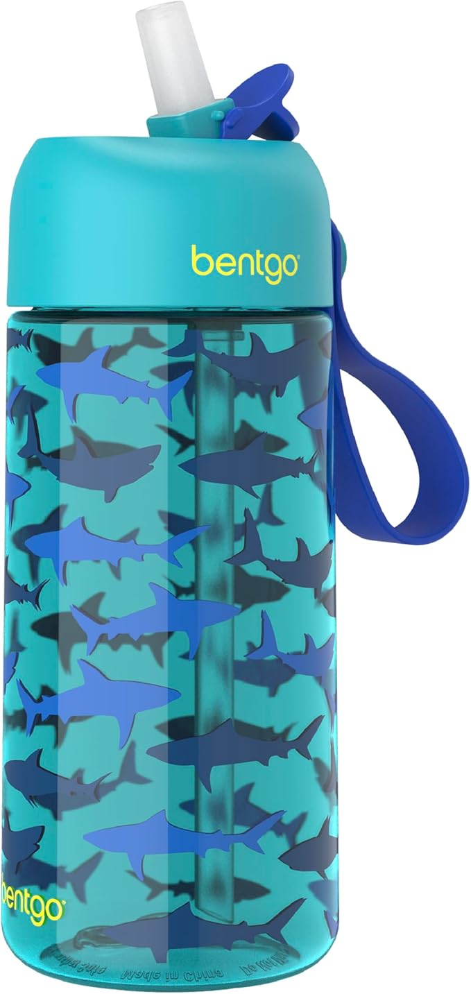 Bentgo Kids Water Bottle - Leak-Proof, Durable Tritan, BPA-Free 15 oz. Cup for Kids/Toddlers Ages 3+, Safe Sip Spout, Carrying Handle, & Dishwasher Safe for School, Sports, Daycare & Camp (Sharks)