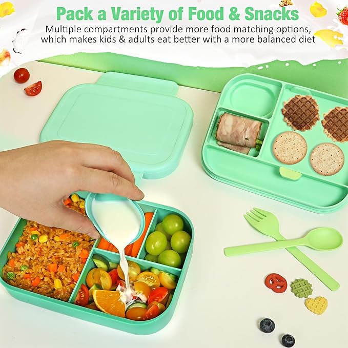 Caperci Bento Lunch Box for Kids - 5.8 Cups Stackable Leakproof Bento Box Adult Lunch Box with Sauce Container - Idea for School, On-the-go, Built-in Utensil Set, BPA Free (Green)