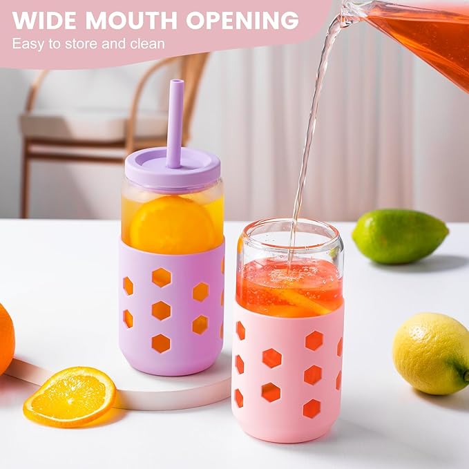 Glass Cups with Lids and Straws (4 Pcs), 16oz Drinking Glasses Set with Silicone Sleeves for Coffee Bar Accessories Iced Coffee Cups with Lids, Glass Tumbler Reusable for Gifts