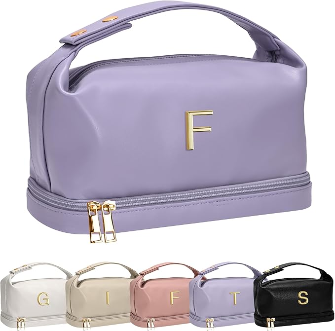 Personalized Makeup Bags， Personalized Bags with Handle, Waterproof Double Layer Cosmetic Bag, Large Capacity PU Leather Makeup Bags Letter Travel Toiletry Bag with Makeup Brush Organizer