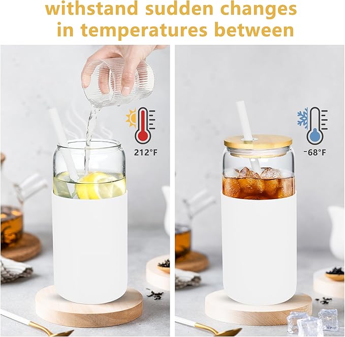 20oz Glass Coffee Cups with Lids and Straw Iced Coffee Glasses with Silicone Protective Sleeve Drinking Glasses Set of 4 for Juice Beer Smoothie(Mixed ColorB)