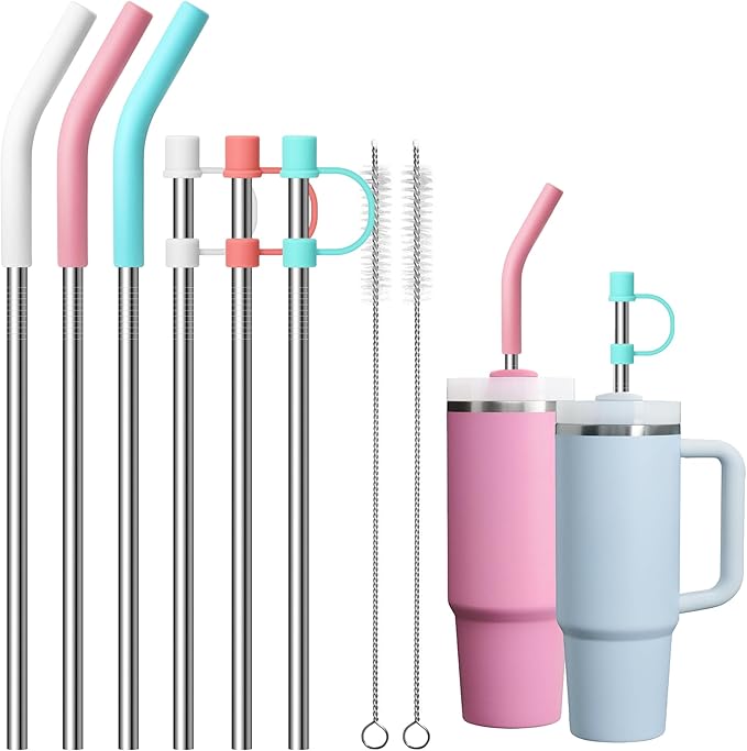 Stainless Steel Straws for 30 oz Stanley Cup, 6 Pcs Metal Straws with Silicone Tips Compatible with Simple Modern 24 oz Tumbler, BPA-Free, 2 Brush