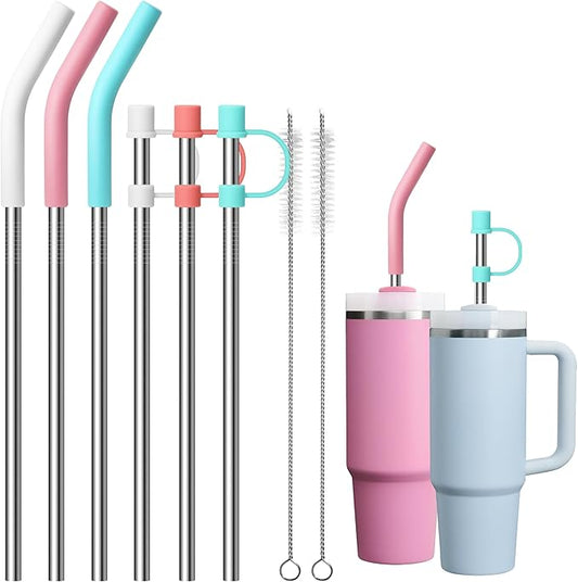 Stainless Steel Straws for 30 oz Stanley Cup, 6 Pcs Metal Straws with Silicone Tips Compatible with Simple Modern 24 oz Tumbler, BPA-Free, 2 Brush