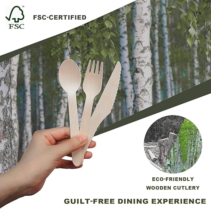 Wooden Compostable Utensils Set - 360 Pieces Wooden Cutlery Set Disposable (180 Forks, 60 Knives, 120 Spoons), Eco Friendly ＆ Plastic-free, 100% Biodegradable Utensil Bulk for Party