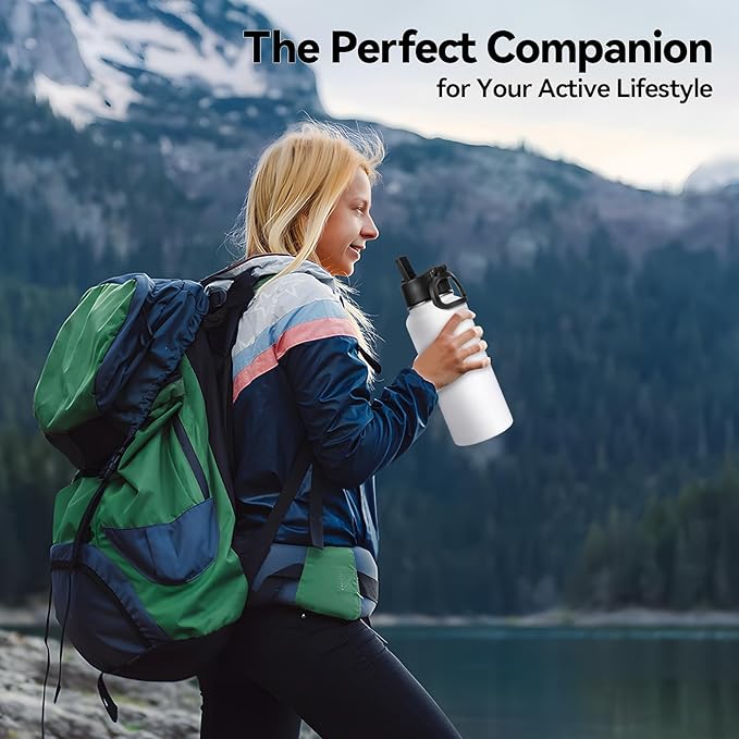 Neihepal 32 oz Insulated Water Bottles Bulk with 2 Lids (Straw & Spout Lid), Stainless Steel Double Wall Water Bottle, Keeps Cold 24H & Hot 12H (White,8 Pack)
