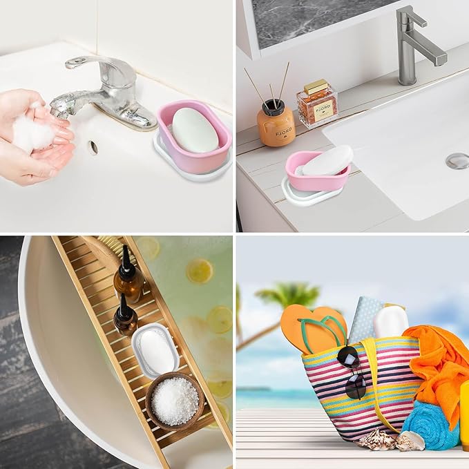 Leakproof Silicone Travel Soap Case with Drainage Layer, Silicone Bar Soap Holder Compact Portable Shatterproof Soap Container Box for Bathroom Gym Camp Travel Toiletries (Pink, Clear Lid)