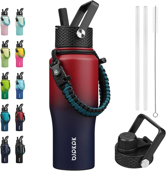 BJPKPK Insulated Water Bottles with Straw Lid, 23oz Metal Water Bottle with 2 lids & Paracord Strap, Double Wall Stainless Steel Vacuum Tumblers, Cups,Thermo for Hot& Cold Drinks,Charming Red