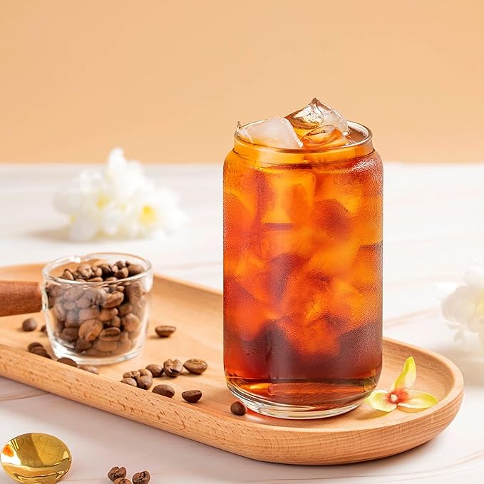AGH 16OZ Sublimation Glass Cups with Bamboo Lids and Straws,12 Pack Drinking Glasses with lids,Clear Can Shape Beer Cup for Iced Coffee, Whiskey, Soda, Milk Juice