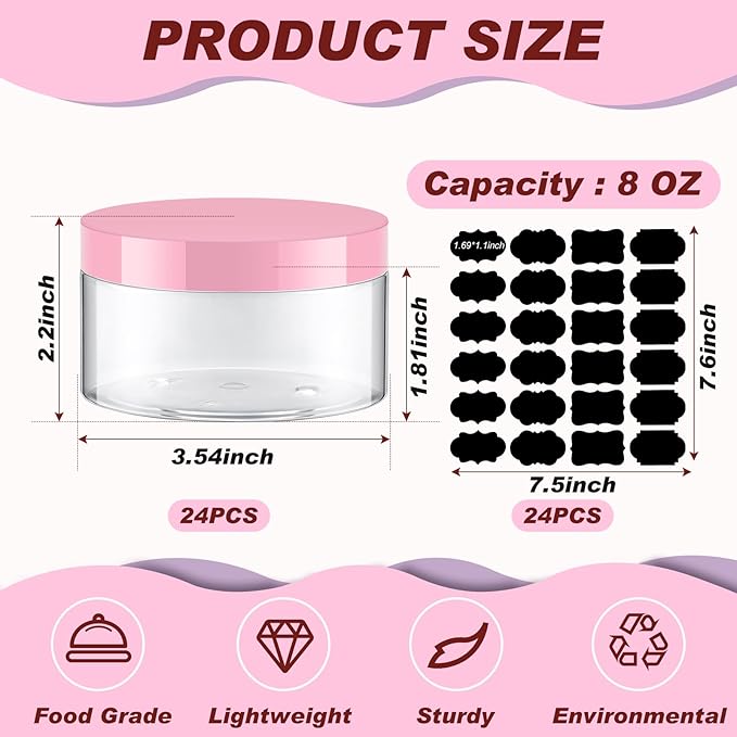 Dandat 24 Pcs 8 oz Plastic Jar Container with Lid and Label Refillable Empty Round Clear with Pink PET Cosmetic Sample Containers for Lotion, Cream, Ointments, Body Butter, Makeup, Travel Storage