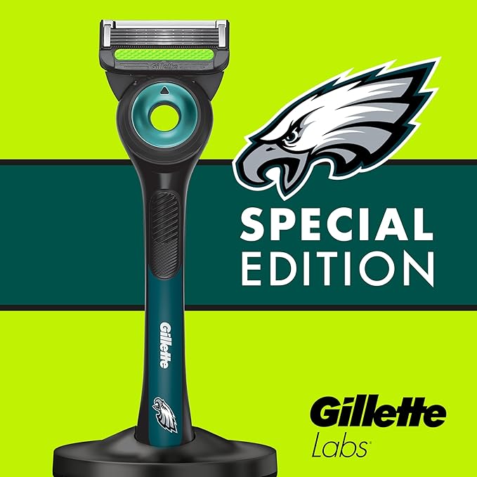 Gillette Labs Special NFL Eagles Edition Shaving Razor for Men - 1 Handle, 4 Razor Blade Refills & Magnetic Stand, Holiday Gifts for Men, GilletteLabs with Exfoliating Bar