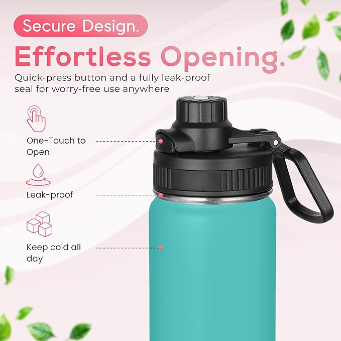 Y TOP 18 oz Insulated Water Bottle Cup Holder Friendly, Leak Proof Spout Lid, Double Wall Insulation, Dishwasher Safe, Easy Clean Stainless Steel Water Bottle for Gym Kids Sports Travel School Hiking