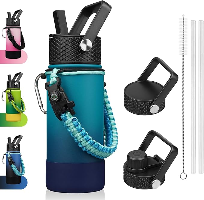 BJPKPK Water Bottle with Straw Lid, 18oz Insulated Water Bottles with 3 Lids, Paracord Handle & Non-slip Boot, Metal Stainless Steel Thermal Flasks, BPA Free Leak Proof Cups, Tumblers,Vast
